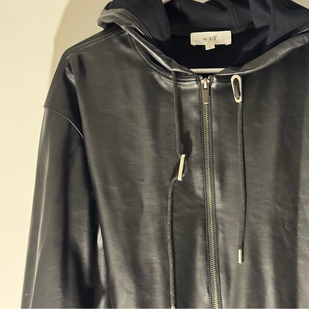 A.L.C. Hooded Faux Leather Full Zip Jacket Size Small in Solid Black - Picture 3 of 8